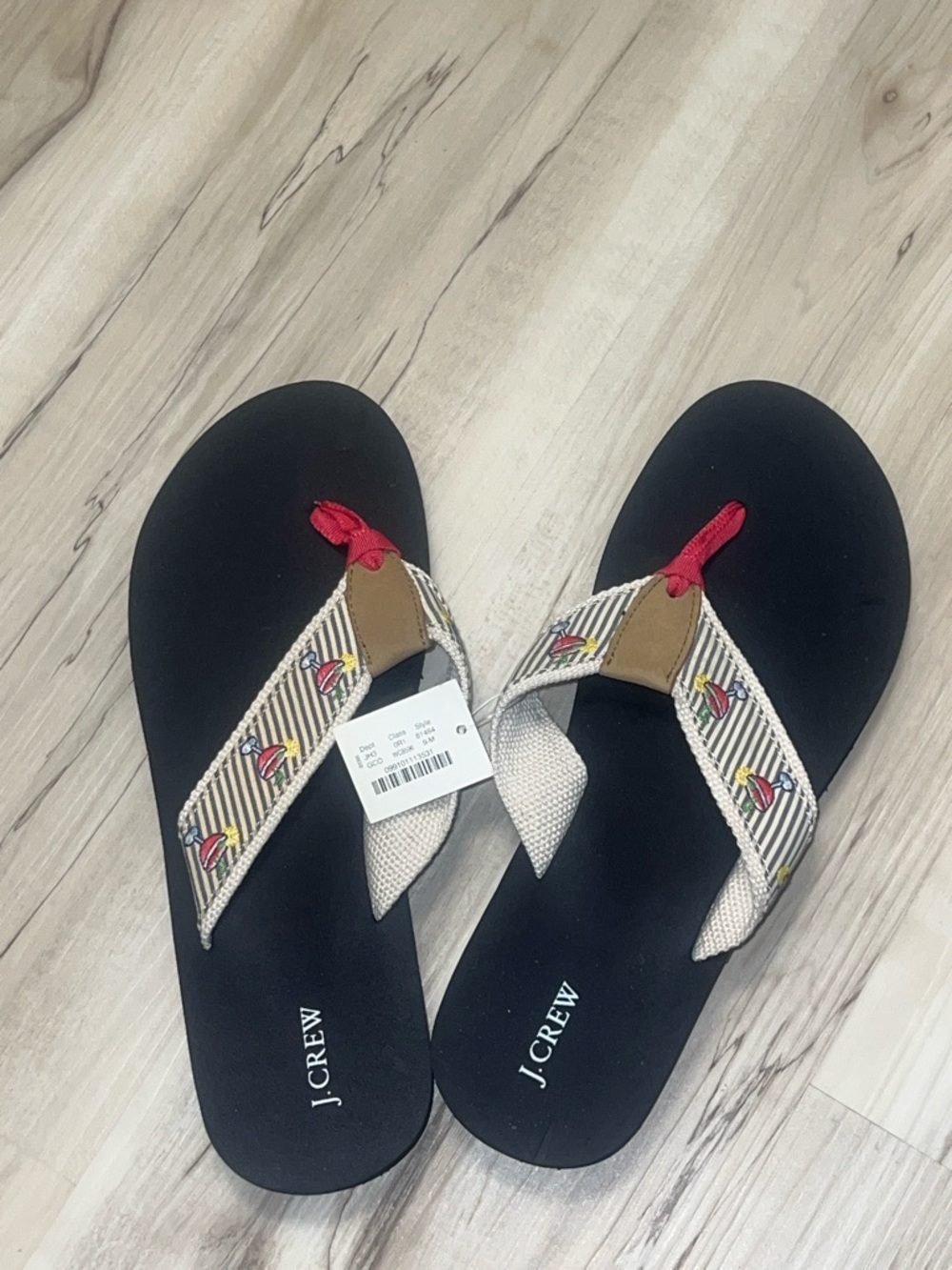 J. Crew Black Flip Flops with Striped Embroidered Straps and Red Toe Post